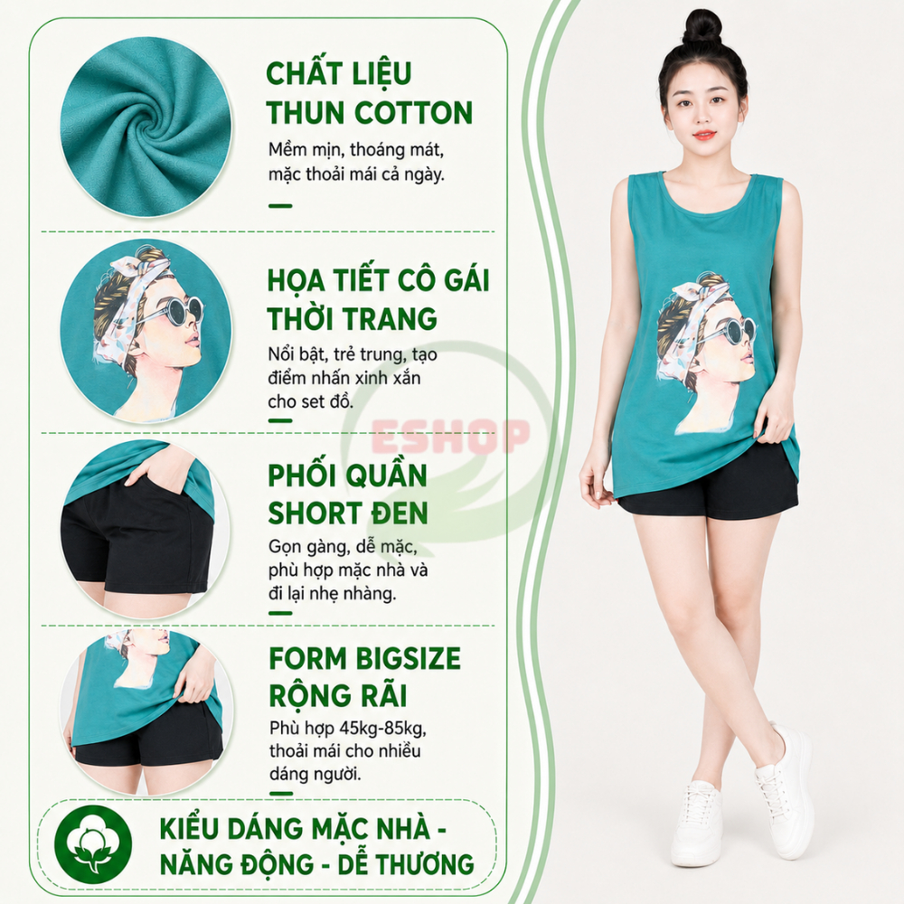 Đồ Bộ Nữ Mặc Nhà ESHOP BD10 Bigsize 43-85kg Áo Ba Lỗ Thun Cotton In Cô Gái, Quần Đùi Đen Dễ Thương