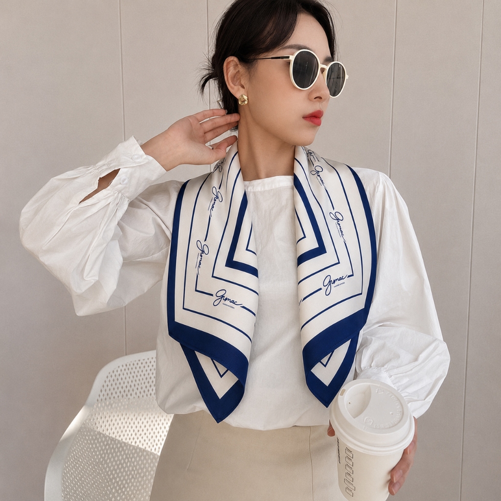 Khăn Lụa Vuông 69x69cm Nữ Cao Cấp Họa Tiết Logo GUMAC, Khăn Choàng Cổ Họa Tiết Thanh Lịch GUKLUV0626