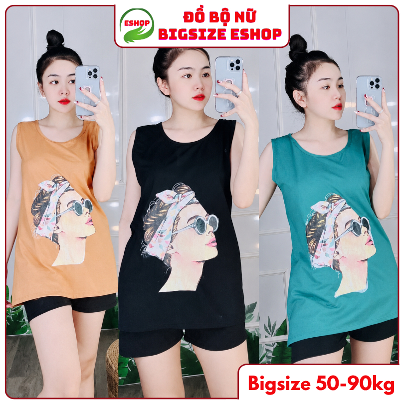 Đồ Bộ Nữ Mặc Nhà ESHOP BD10 Bigsize 43-85kg Áo Ba Lỗ Thun Cotton In Cô Gái, Quần Đùi Đen Dễ Thương