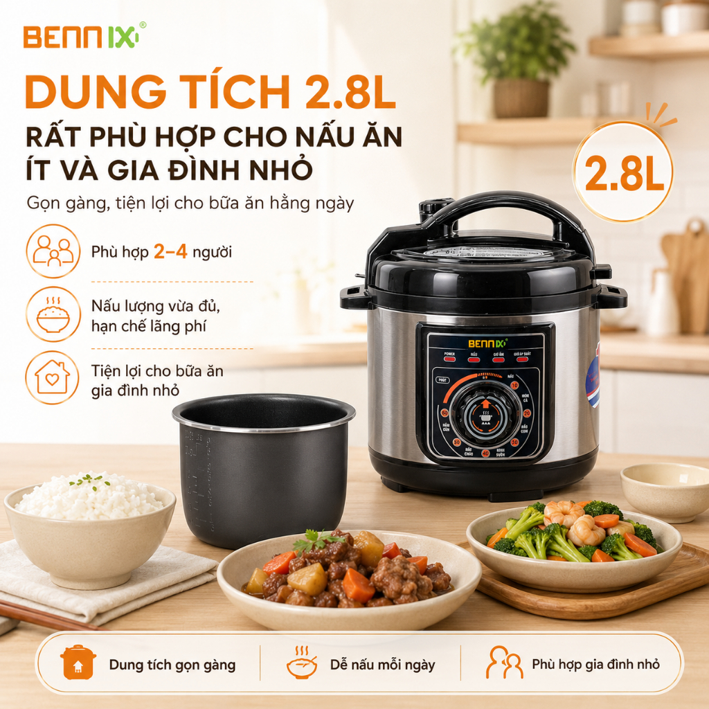 Nồi áp suất điện Mini 2.8L Bennix BN-30P, chính hãng, phù hợp gia đình nhỏ, 2-3 người dùng