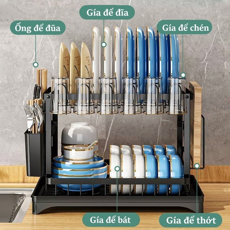 Kệ Bát Đĩa 2 Tầng Thép Carbon, Kèm Khay Hứng Nước, Lắp Đặt Dễ Dàng, Tiết Kiệm Không Gian Bếp