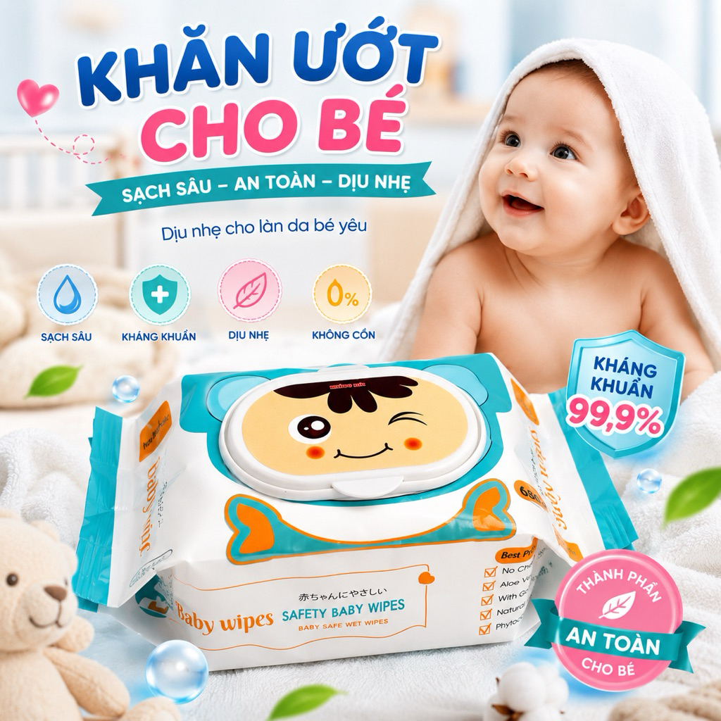 Thùng 10 gói Khăn Ướt Gấu 650gr Không Mùi | Không Cồn Không Paraben | Khổ Lớn Mềm Dai An Toàn Cho Bé