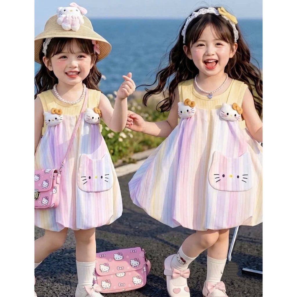 Set Váy Yếm Kèm Áo Trong Cho Bé Gái Váy Yếm Sát Nách Học Tiết Kẻ Hello Kitty Chất Mềm Mịn Co Giãn BR6