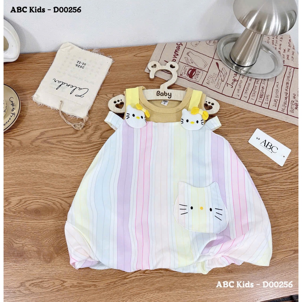 Set Váy Yếm Kèm Áo Trong Cho Bé Gái Váy Yếm Sát Nách Học Tiết Kẻ Hello Kitty Chất Mềm Mịn Co Giãn BR6