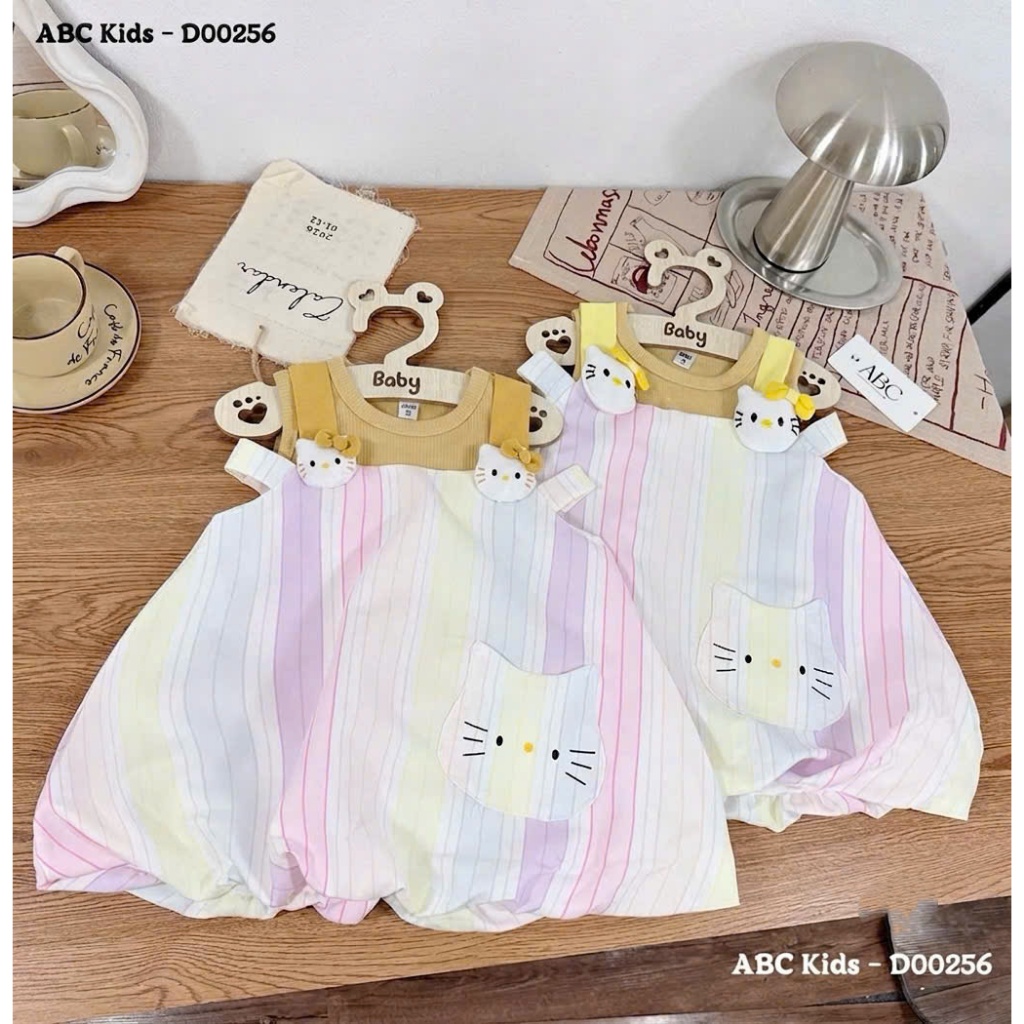 Set Váy Yếm Kèm Áo Trong Cho Bé Gái Váy Yếm Sát Nách Học Tiết Kẻ Hello Kitty Chất Mềm Mịn Co Giãn BR6