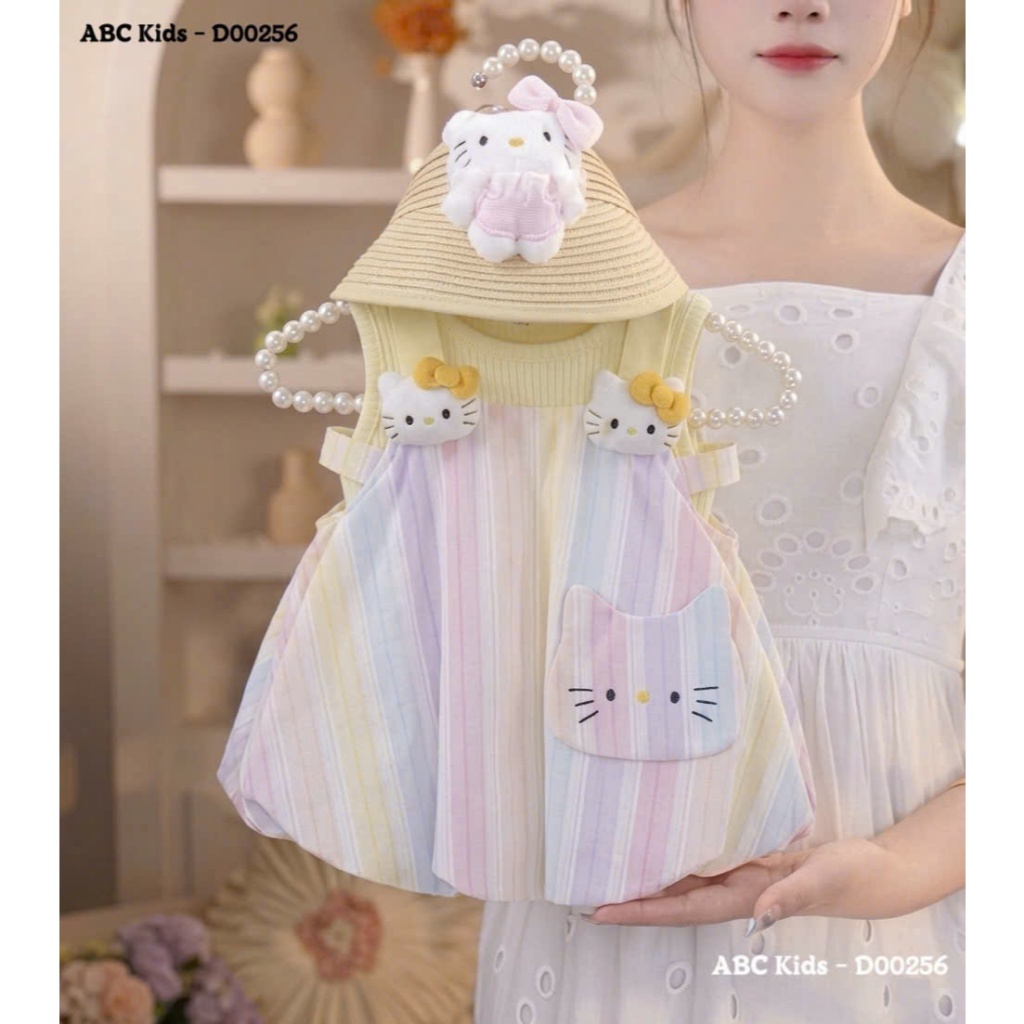 Set Váy Yếm Kèm Áo Trong Cho Bé Gái Váy Yếm Sát Nách Học Tiết Kẻ Hello Kitty Chất Mềm Mịn Co Giãn BR6