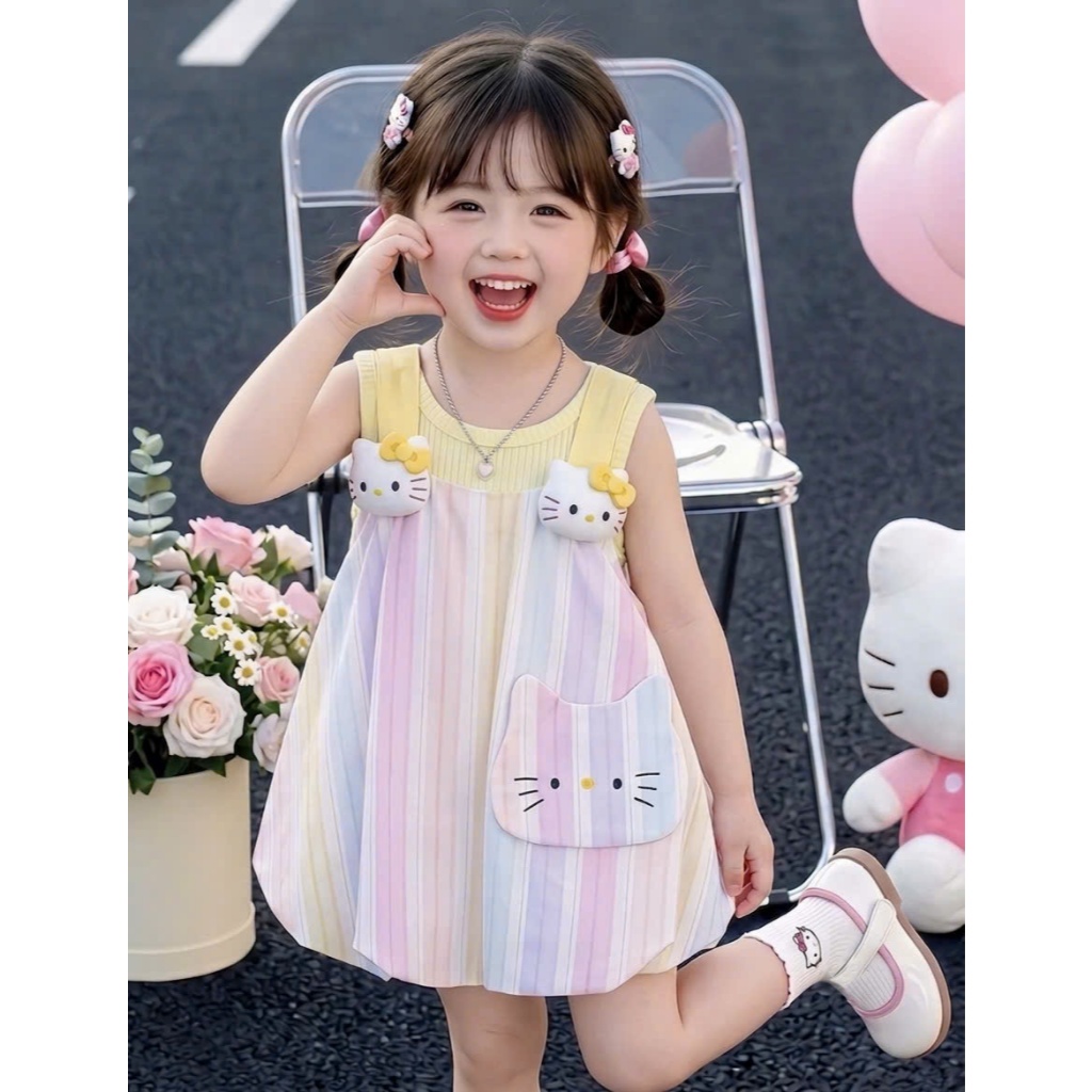 Set Váy Yếm Kèm Áo Trong Cho Bé Gái Váy Yếm Sát Nách Học Tiết Kẻ Hello Kitty Chất Mềm Mịn Co Giãn BR6