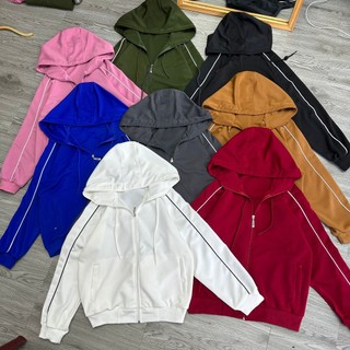 Áo khoác nữ Bigsize lửng tay dài kèm mũ sọc trắng kéo dài 2 bên cánh tay chất poly mềm mát xinh xắn trẻ trung - KHOAC14