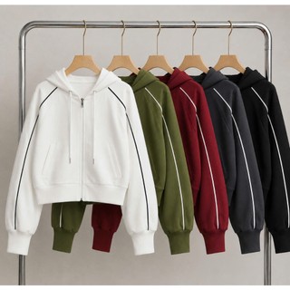 Áo khoác nữ tay dài kèm mũ sọc trắng kéo dài 2 bên cánh tay chất poly mềm mát xinh xắn trẻ trung có bigsize KHOAC10