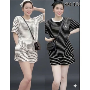 Sét Bộ Áo Thun Tay Tay Lỡ Kẻ Vằn In Cún From Thụng Kiểu Hàn Quốc Basic Dễ Thương