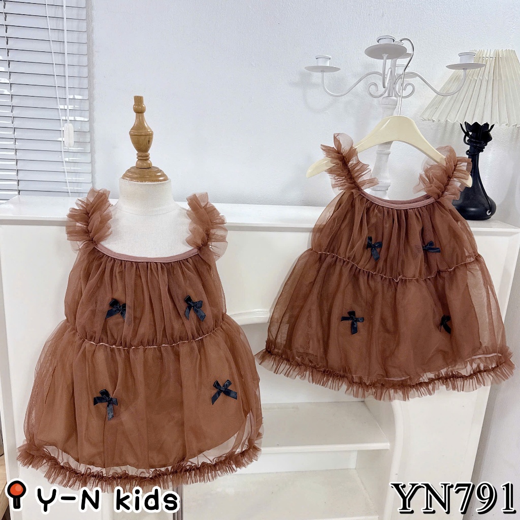 Váy Voan Công Chúa Cho Bé Gái Váy Sát Nách Nâu Tây Đính Nơ Tiểu Thư Bé Gái 10-30kg - BR8