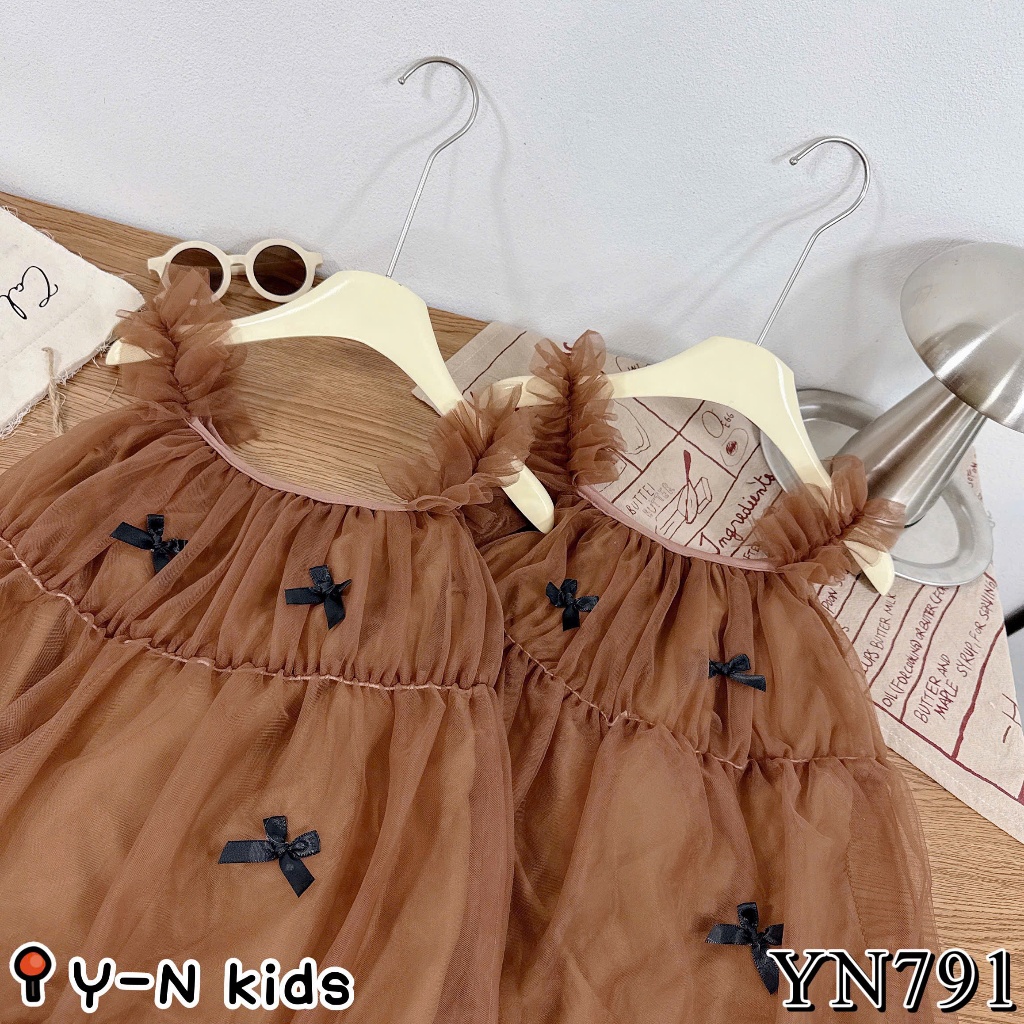 Váy Voan Công Chúa Cho Bé Gái Váy Sát Nách Nâu Tây Đính Nơ Tiểu Thư Bé Gái 10-30kg - BR8