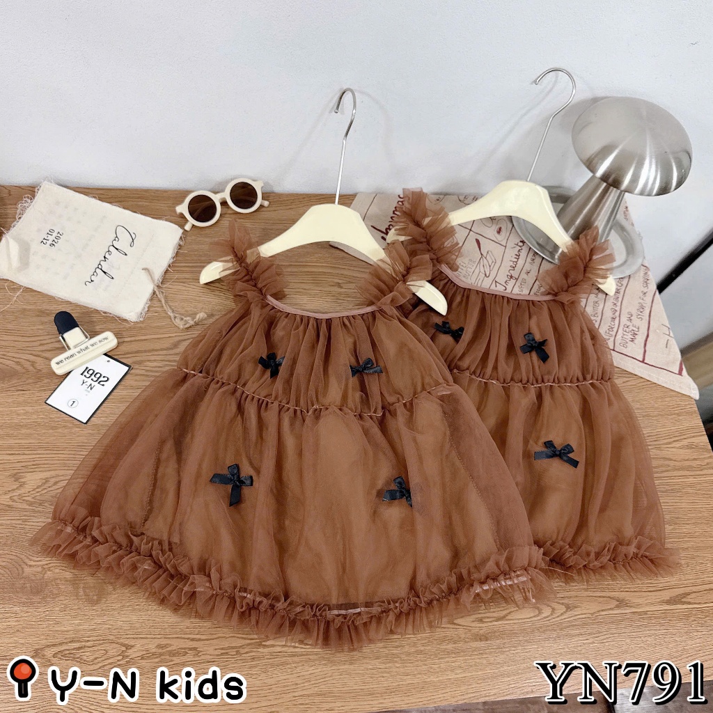 Váy Voan Công Chúa Cho Bé Gái Váy Sát Nách Nâu Tây Đính Nơ Tiểu Thư Bé Gái 10-30kg - BR8