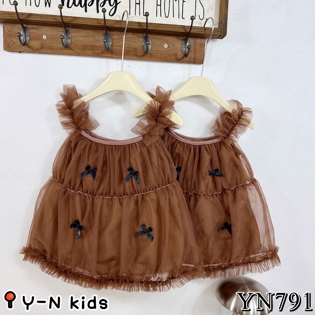 Váy Voan Công Chúa Cho Bé Gái Váy Sát Nách Nâu Tây Đính Nơ Tiểu Thư Bé Gái 10-30kg - BR8
