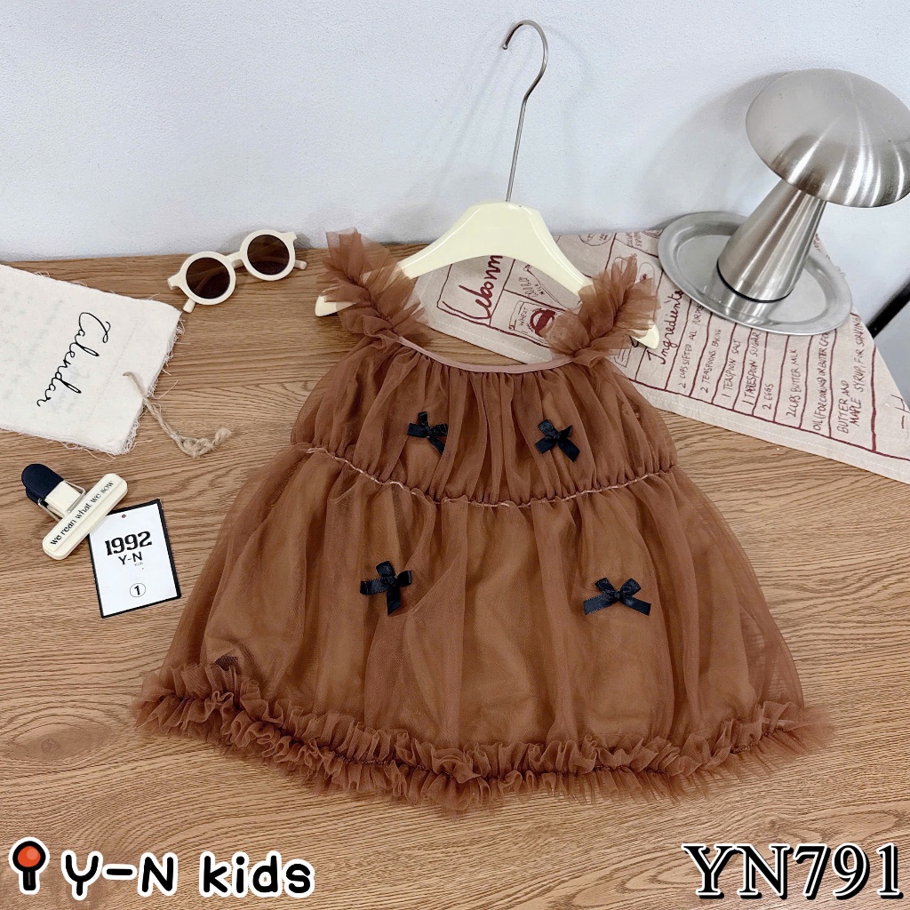 Váy Voan Công Chúa Cho Bé Gái Váy Sát Nách Nâu Tây Đính Nơ Tiểu Thư Bé Gái 10-30kg - BR8