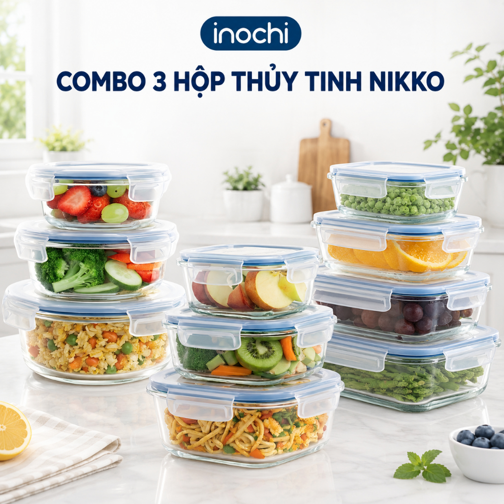 Combo 3 Hộp Thủy Tinh Inochi: Tròn/Vuông/Chữ Nhật - Đa Năng Bảo Quản, Lò Vi Sóng/Tủ Đông/Rửa Bát