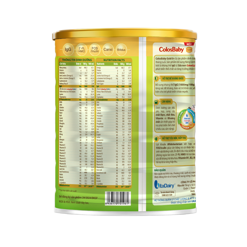 Sữa ColosBaby Gold Vị Thanh Nhạt 800g Vitadairy, IgG Tăng Đề Kháng Cho Bé, Dễ Uống - TN Baby