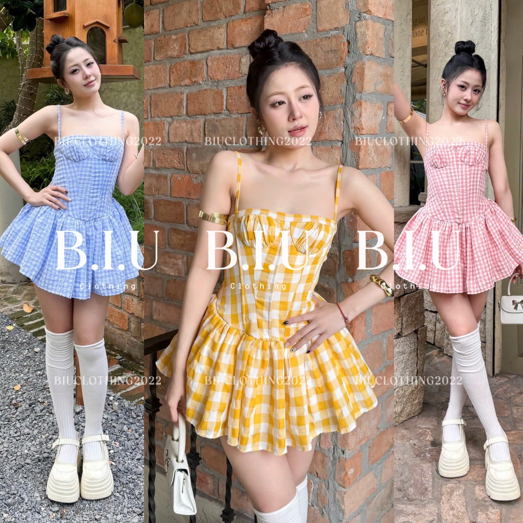 (50-57kg) Đầm 2 dây họa tiết caro nhún ngực chiết eo tà xòe tôn dáng nũng nịu Gwy Dress Biu Clothing BB0573