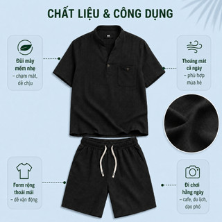 Bộ Quần Áo Nam Vải Đũi Cổ V  Chất vải đũi mây nhẹ mát mềm mịn co giãn thấm hút tốt  BHN105