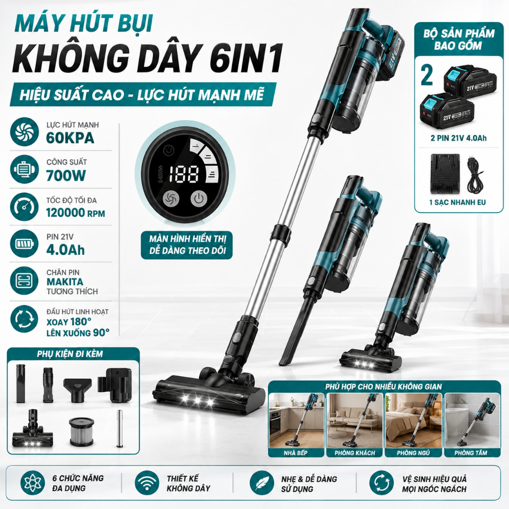 Máy Hút Bụi Không Dây 700W, Lực Hút 60000Pa, Động Cơ 120000RPM, Pin 21V, Màn Hình LED, 2 Pin 1 Sạc