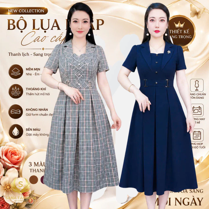 Váy trung niên cho mẹ mặc dự tiệc, đầm trung niên cho mẹ Lụa Pháp cổ Vest có đai eo cao cấp (VD)