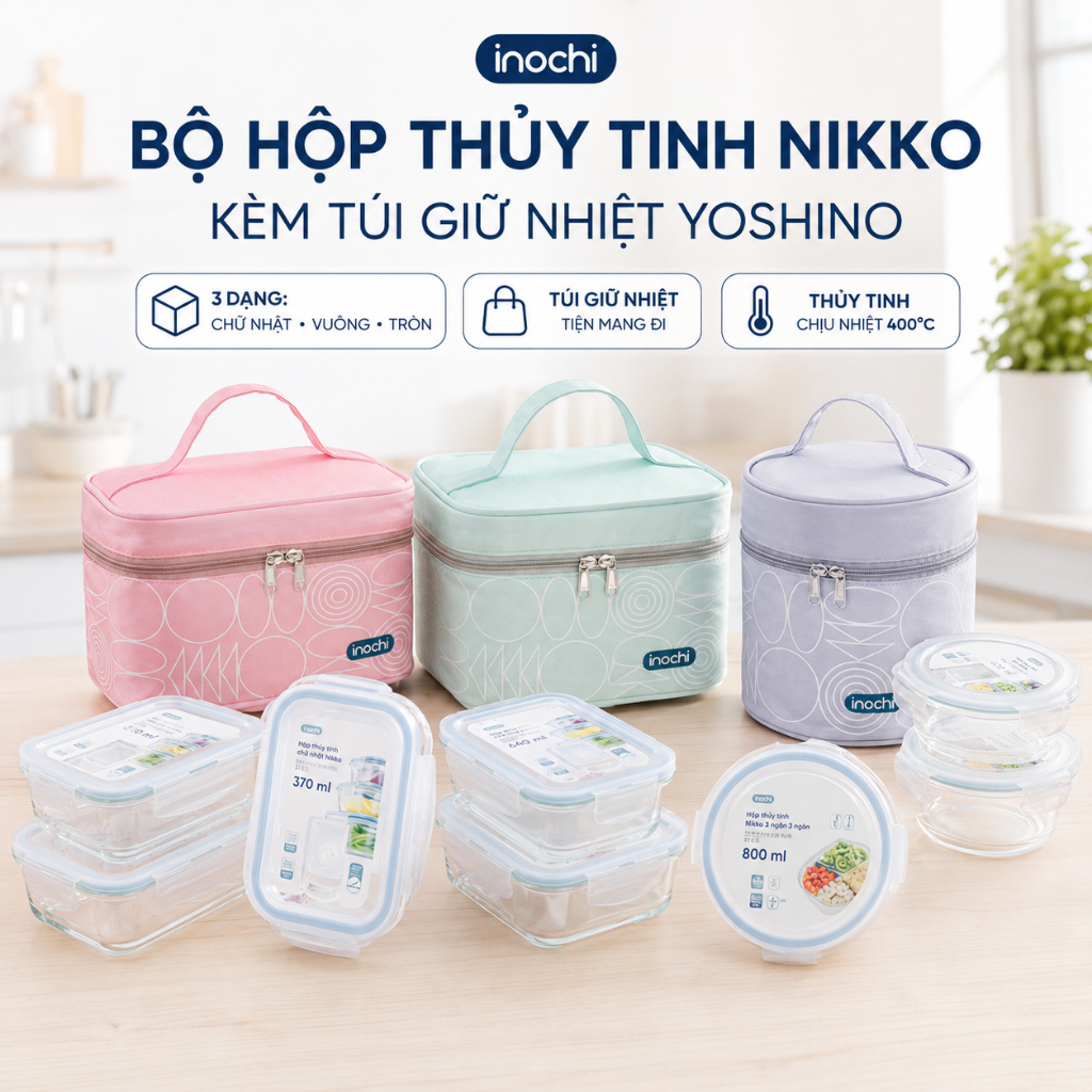 Bộ hộp thuỷ tinh Inochi Nikko kèm túi giữ nhiệt Yoshino mang cơm đi làm
