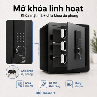 Két Sắt Điện Tử Màn Hình LCD 3 Tầng Lưu Trữ, Khóa Mật Mã, Có Chìa Dự Phòng, Lót Nhung Bên Trong, Kích Thước 45x38x30cm