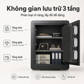 Két Sắt Điện Tử Màn Hình LCD 3 Tầng Lưu Trữ, Khóa Mật Mã, Có Chìa Dự Phòng, Lót Nhung Bên Trong, Kích Thước 45x38x30cm