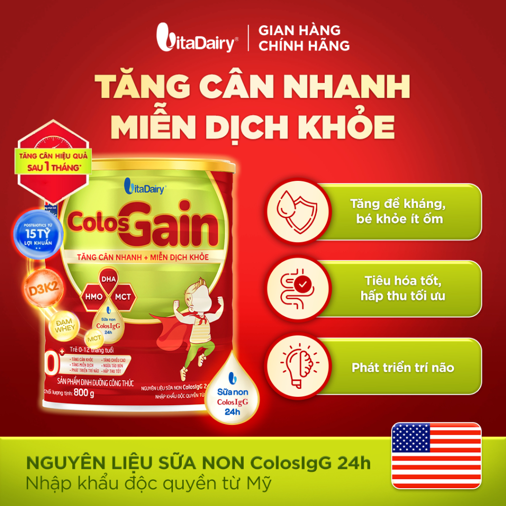 Sữa Colos Gain 800g Vitadairy, Hỗ Trợ Bé Tăng Cân Nhanh, Sữa Non IgG Tăng Miễn Dịch Cho Bé Suy Dinh Dưỡng - TN Baby