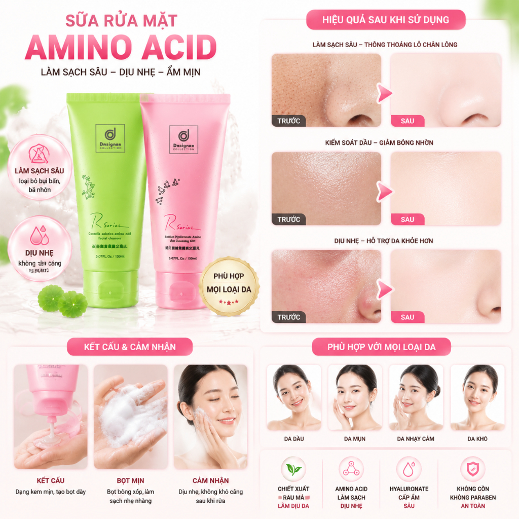 Sữa rửa mặt chứa axit amin và axit hyaluronic, làm sạch sâu, kiểm soát dầu nhờn, phù hợp với da nhạy cảm.