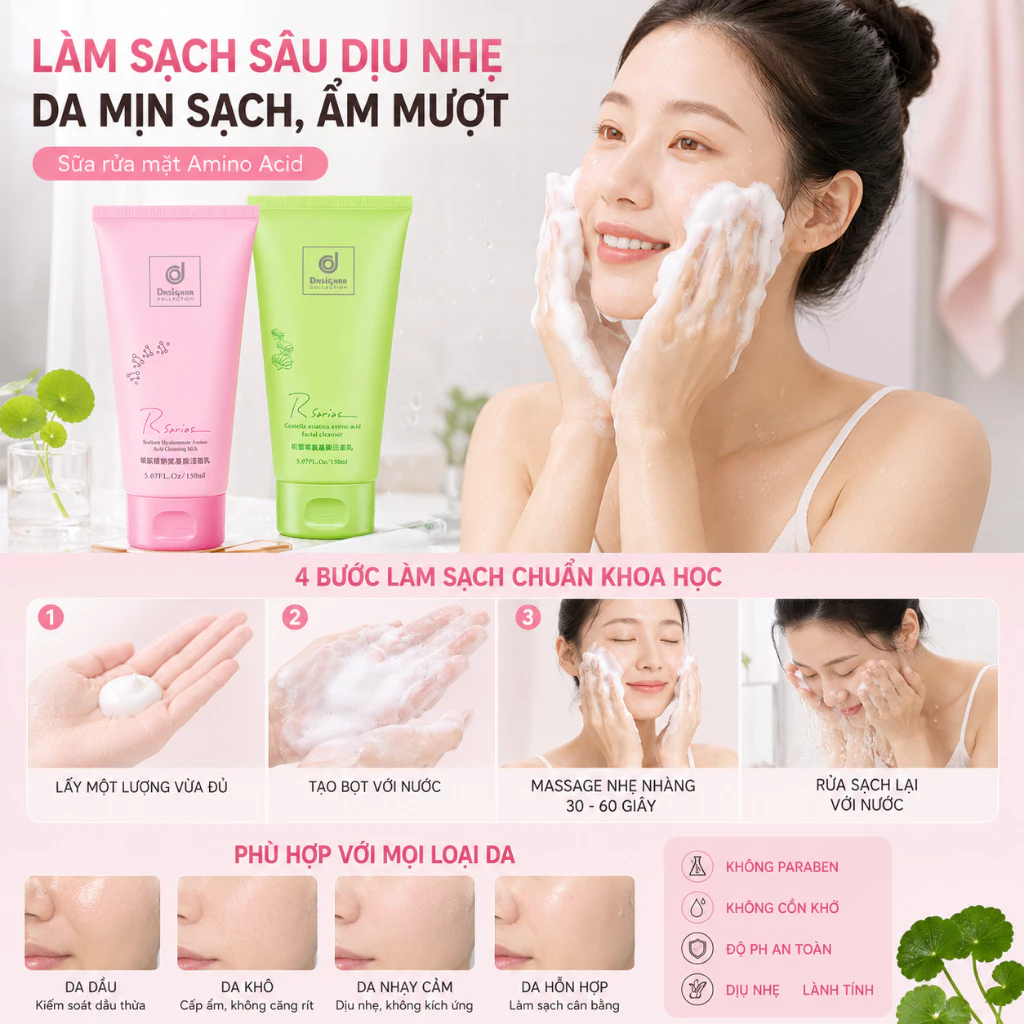 Sữa rửa mặt chứa axit amin và axit hyaluronic, làm sạch sâu, kiểm soát dầu nhờn, phù hợp với da nhạy cảm.