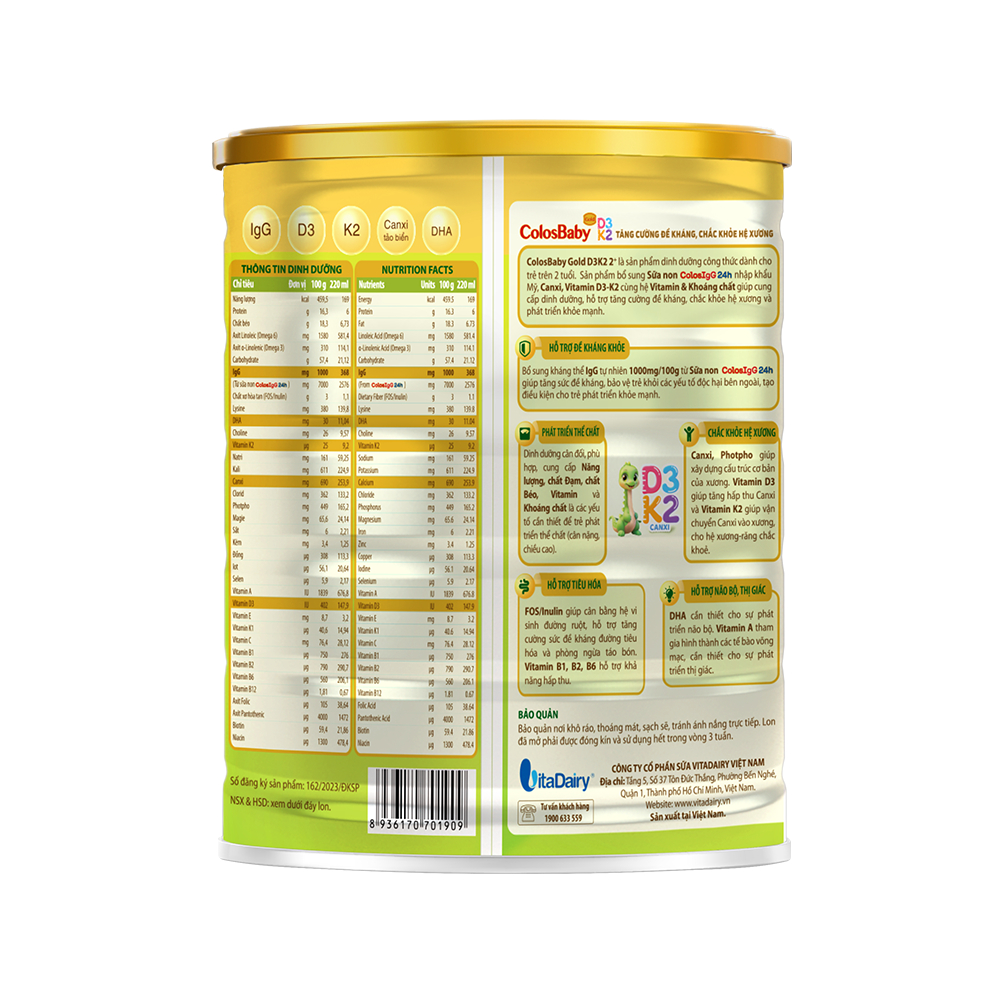 Sữa ColosBaby D3K2 Vitadairy 800g, Sữa Non IgG Vitamin D3K2 Chắc Xương Tăng Miễn Dịch Cho Bé - TN Baby
