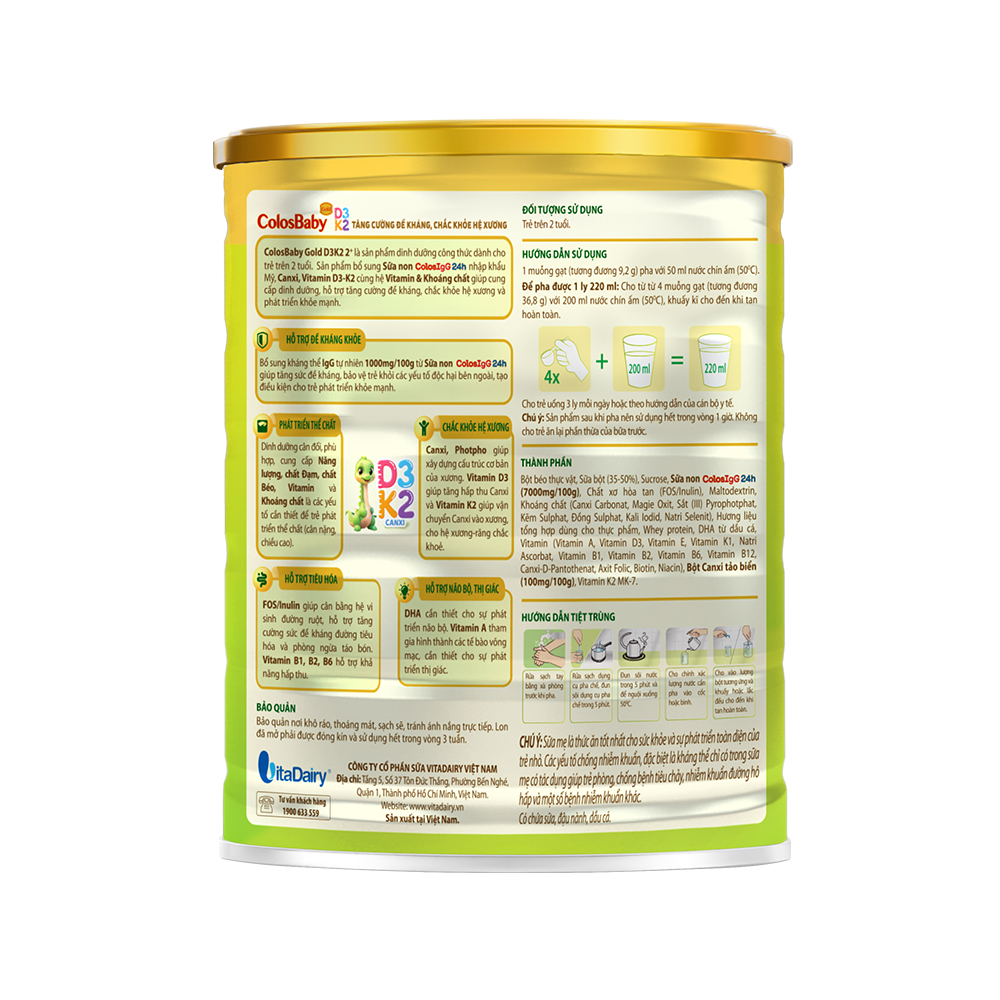 Sữa ColosBaby D3K2 Vitadairy 800g, Sữa Non IgG Vitamin D3K2 Chắc Xương Tăng Miễn Dịch Cho Bé - TN Baby