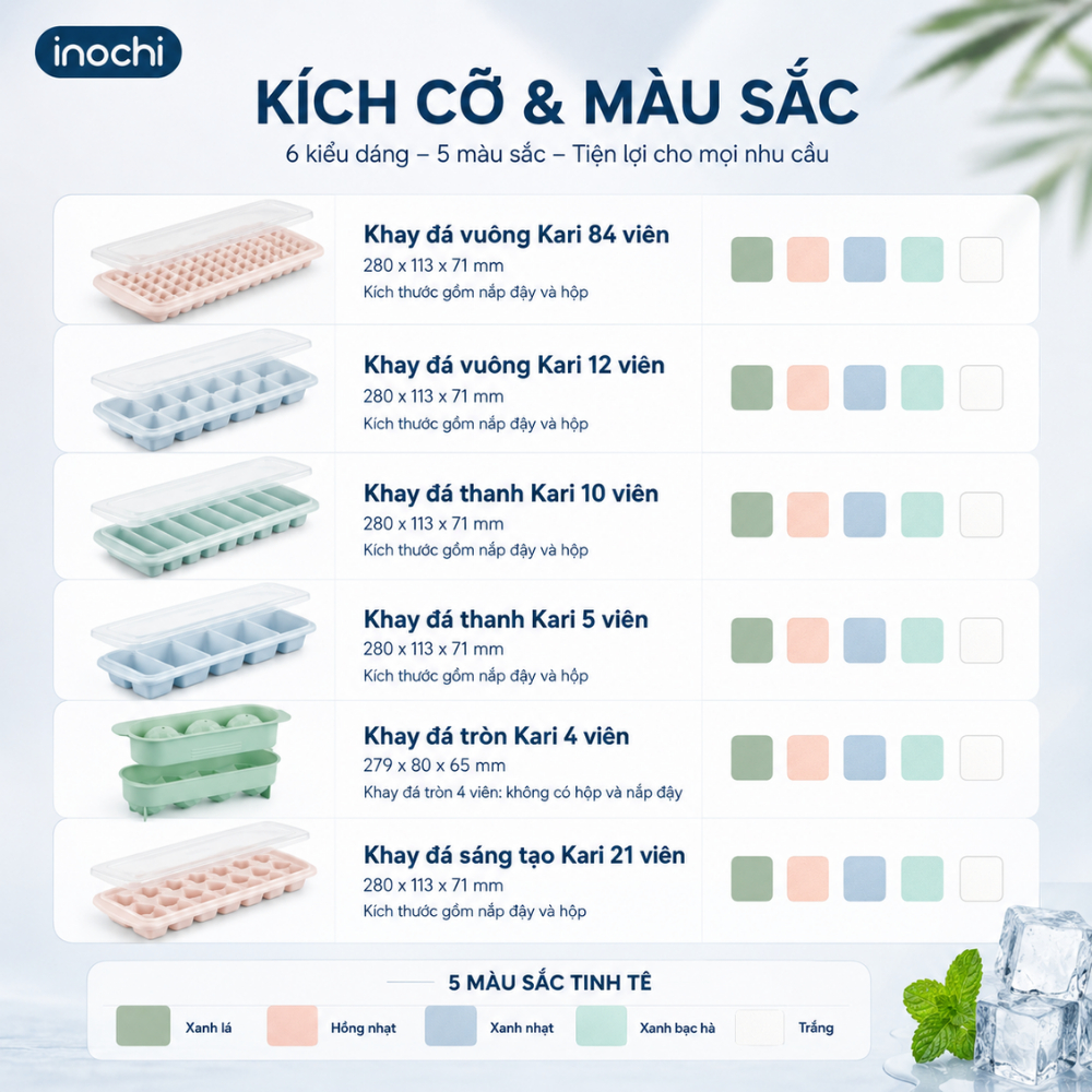 Khay Đá Inochi - Nắp + Hộp Đựng, Kháng Khuẩn, Nhựa PP An Toàn - Thiết Kế Nhật Bản