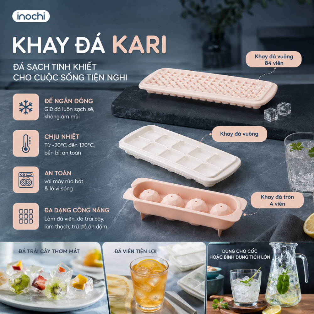 Khay Đá Inochi - Nắp + Hộp Đựng, Kháng Khuẩn, Nhựa PP An Toàn - Thiết Kế Nhật Bản