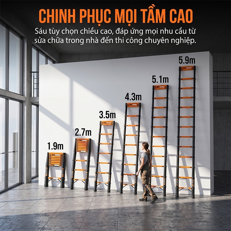 Thang Nhôm Rút Thẳng Thép Carbon Cao Cấp Nhập Khẩu - Cao 1.9M 2.7M 3.9M 4.3M 5.1M 5.9M