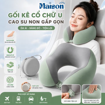 Gối Kê Cổ Chữ U Cao Su Non MAISON Gấp Gọn Kèm Hộp Đựng, Gối Tựa Cổ Du Lịch Có Cúc Bấm Êm Ái Chống Mỏi Cổ