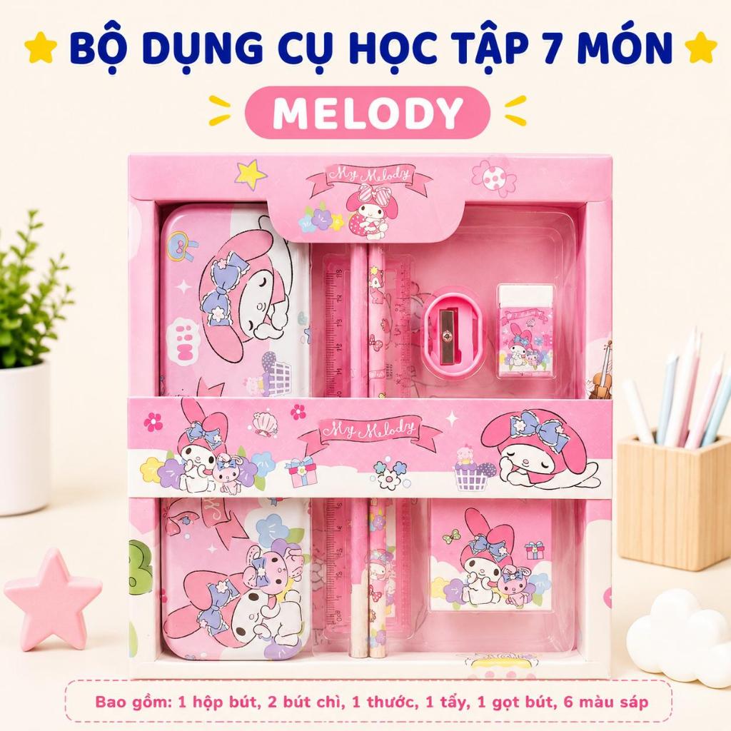 Bộ dụng cụ học tập Bộ đồ dùng học tập 7 món Đồ Dùng Đi Học kèm hộp quà lung linh chủ đề hoạt hình cho bé yêu- PUPU HOUSE