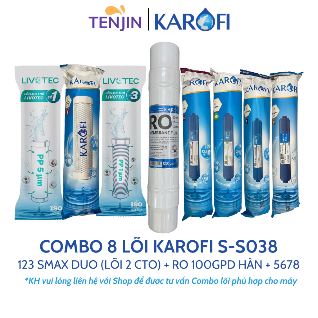 Combo 8 Lõi Lọc Nước Karofi Cho Model Slim S-S038 Gồm 12CTO3 - Màng RO100GPD Hàn - T33 Mineral Far Nano