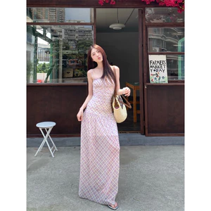 Đầm Hai Dây Nữ Voan Lưới Caro Hồng Dáng Dài Chiết Eo Dáng Suông Tôn Dáng Đi Biển Du Lịch Hè