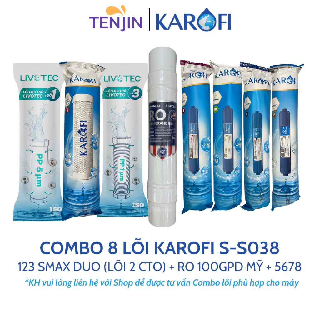 Combo 8 Lõi Lọc Nước Karofi Cho Model Slim S-S038 Gồm 12CTO3 - Màng RO100GPD Hàn - T33 Mineral Far Nano