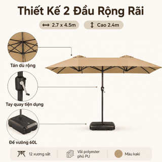 Ô Dù 2 Đầu 2.7m Nghiêng Riêng Biệt - 1 Cột, Che Nắng Lớn, Chống UV, Tiết Kiệm Không Gian, Cho Sân Vườn Quán Cafe