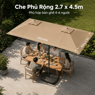 Ô Dù 2 Đầu 2.7m Nghiêng Riêng Biệt - 1 Cột, Che Nắng Lớn, Chống UV, Tiết Kiệm Không Gian, Cho Sân Vườn Quán Cafe