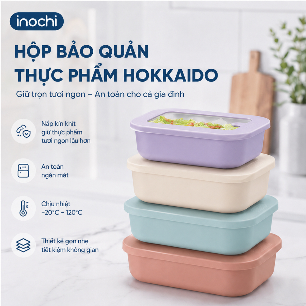 HỘP BẢO QUẢN thực phẩm Hokkaido Inochi 500ml, nhựa PP nguyên sinh an toàn, kháng khuẩn. Nắp Silicon