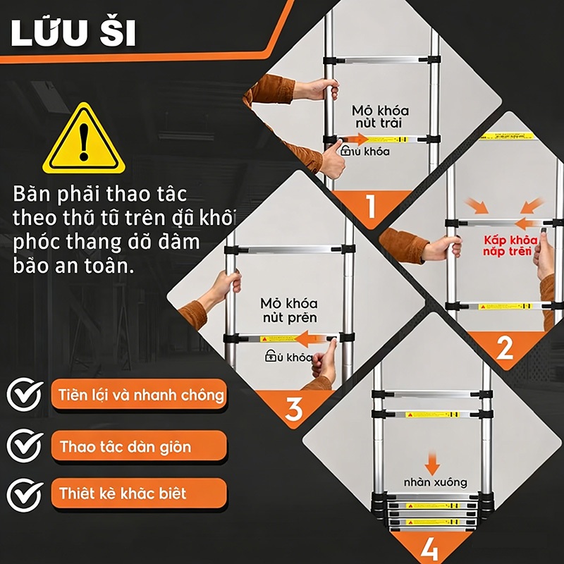 Thang Rút Đơn Chữ I Thang Rút Nhôm Inox Rút Đơn Cao 1.9m-6m an toàn cho gia đình Dễ dàng mang theo