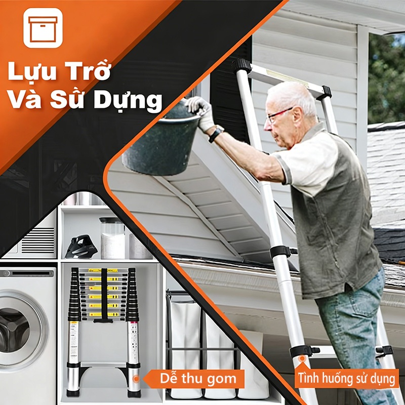 Thang Rút Đơn Chữ I Thang Rút Nhôm Inox Rút Đơn Cao 1.9m-6m an toàn cho gia đình Dễ dàng mang theo