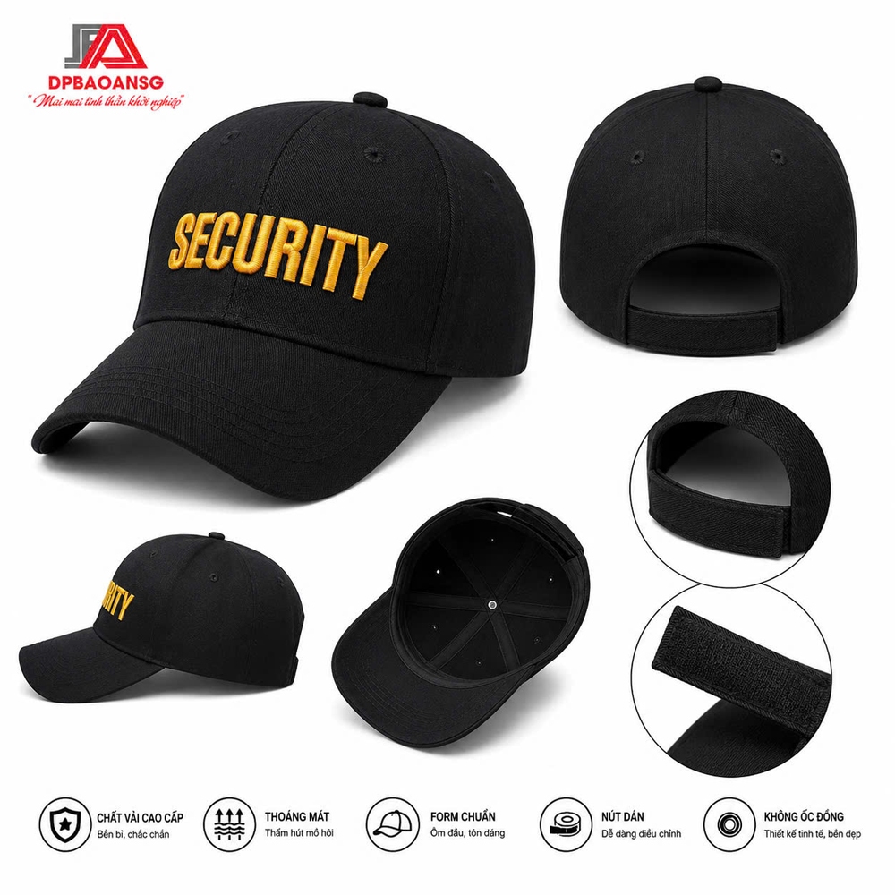 Nón Bảo Vệ Security Thêu Nổi 3D Cao Cấp - Mũ Bảo Vệ Màu Đen Kaki Cotton Dày Dặn - Khóa Dán Điều Chỉnh