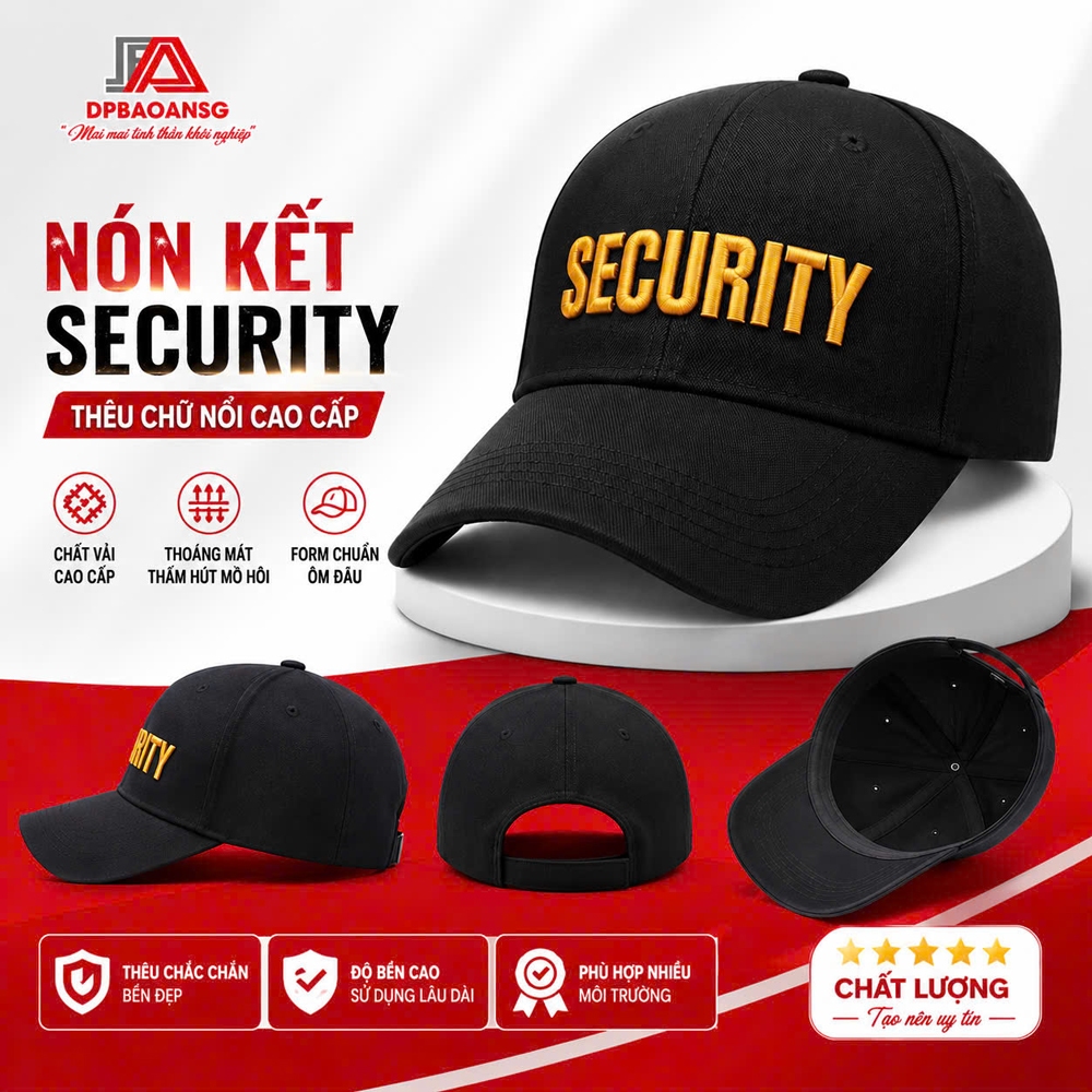 Nón Bảo Vệ Security Thêu Nổi 3D Cao Cấp - Mũ Bảo Vệ Màu Đen Kaki Cotton Dày Dặn - Khóa Dán Điều Chỉnh