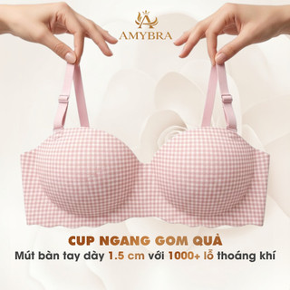 Áo Ngực Nữ AMYBRA Đúc Su Cúp Ngang Gom Quả, Áo Lót Họa Tiết Kẻ Caro Trẻ Trung A923