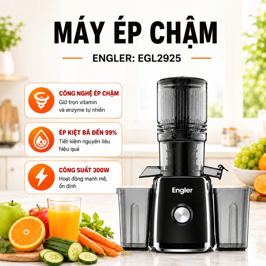 Máy Ép Chậm Engler EGL2925 300W Ép Kiệt Bã 99% Miệng Ép Rộng 12.7cm Giữ Trọn Dinh Dưỡng